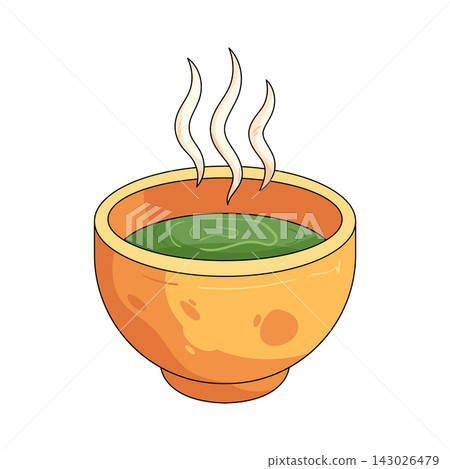 Illustration of hot matcha tea in bowl Illustration of hot matcha tea in bowl 143026479