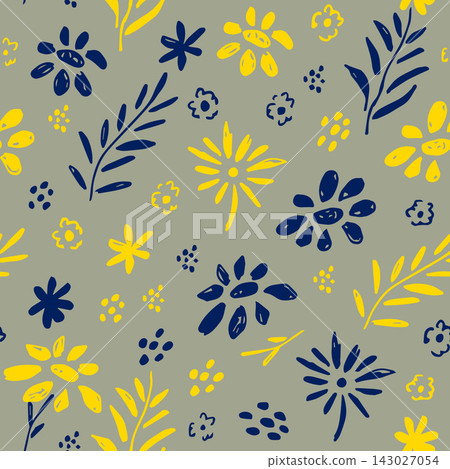 Hand-drawn floral vector seamless pattern. Blue, yellow flowers, twigs, leaves on a gray background. For printing on fabrics, textiles, clothing. Hand-drawn floral vector seamless pattern. Blue, yellow flowers, twigs, leaves on a gray background. For printing on fabrics, textiles, clothing. 143027054
