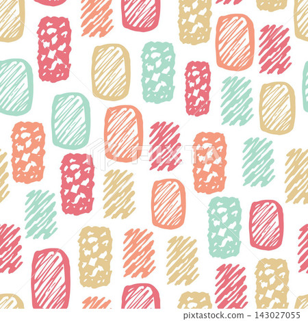 Hand-drawn abstract geometric vector seamless pattern in pastel colors. Rectangular shapes, pink, beige on a white background. For children's clothing prints, fabrics, packaging. Hand-drawn abstract geometric vector seamless pattern in pastel colors. Rectangular shapes, pink, beige on a white background. For children's clothing prints, fabrics, packaging. 143027055