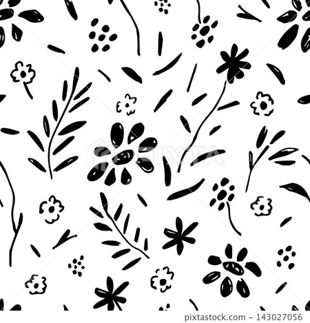 Hand-drawn simple floral vector seamless pattern. Black flowers, leaves, twigs on a white background. For prints of fabric, packaging, textile products. 143027056