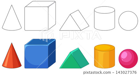 Set of Three Dimensional Geometric Shapes in Outline and Color Set of Three Dimensional Geometric Shapes in Outline and Color 143027376