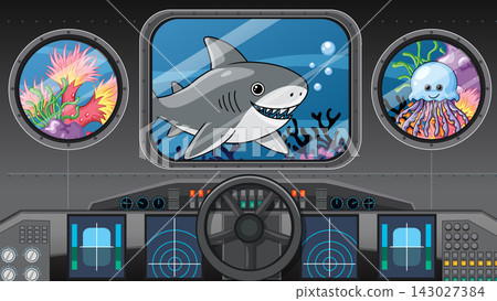 Submarine Cockpit View of Shark and Jellyfish Through Porthole Windows Submarine Cockpit View of Shark and Jellyfish Through Porthole Windows 143027384