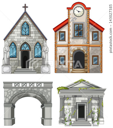 Set of Abandoned Stone Buildings and Monuments Illustration Set of Abandoned Stone Buildings and Monuments Illustration 143027385