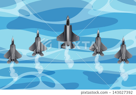 Stealth Fighter Jet Formation Flying Over Blue Ocean Water Aerial View Stealth Fighter Jet Formation Flying Over Blue Ocean Water Aerial View 143027392
