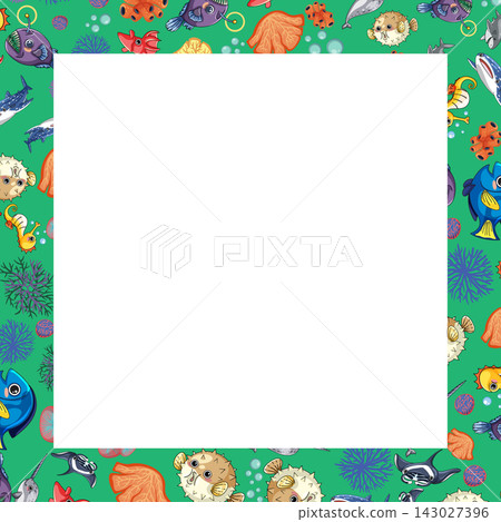Cartoon Ocean Animal Seamless Pattern Border with White Copy Space Cartoon Ocean Animal Seamless Pattern Border with White Copy Space 143027396