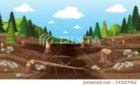 Vector Illustration of a Forest Landscape with Beaver Dam and Stumps Vector Illustration of a Forest Landscape with Beaver Dam and Stumps 143027402