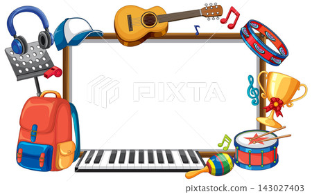 Musical Instruments and School Equipment Border with Blank White Space 143027403