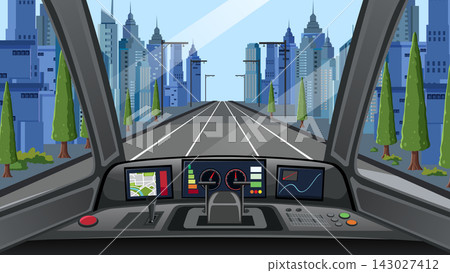 Modern train cockpit point of view driving through a blue urban cityscape Modern train cockpit point of view driving through a blue urban cityscape 143027412