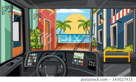 Bus Driver View of Tropical Beach Sunset Through City Street Bus Driver View of Tropical Beach Sunset Through City Street 143027415
