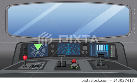 Futuristic Spaceship Cockpit Interior with Control Panel and Radar Screens 143027417
