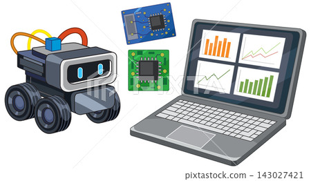 Small Educational Robot with Laptop and Electronic Circuit Board Components Small Educational Robot with Laptop and Electronic Circuit Board Components 143027421