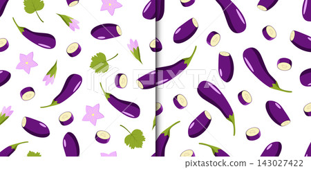 Set of seamless pattern Eggplant whole and cut, eggplant flowers and leaf. Vector illustration of vegetables, bright background harvest. Set of seamless pattern Eggplant whole and cut, eggplant flowers and leaf. Vector illustration of vegetables, bright background harvest. 143027422