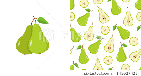 Green pears clip art and seamless pattern with Green pear whole, half and a pear slice on a white background. Vector illustration of ripe juicy fruit pears Green pears clip art and seamless pattern with Green pear whole, half and a pear slice on a white background. Vector illustration of ripe juicy fruit pears 143027425