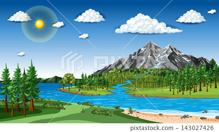 Vector Landscape Illustration of the Natural Water Cycle and Mountain Ecosystem Vector Landscape Illustration of the Natural Water Cycle and Mountain Ecosystem 143027426