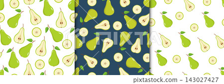 Set of seamless pattern with Green pear whole, half and a pear slice. Vector illustration of ripe juicy fruit pears Set of seamless pattern with Green pear whole, half and a pear slice. Vector illustration of ripe juicy fruit pears 143027427