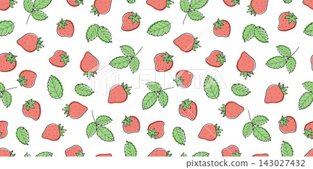 Seamless pattern of strawberry berries with leaves. Bright summer background with garden strawberries. Vector illustration. Seamless pattern of strawberry berries with leaves. Bright summer background with garden strawberries. Vector illustration. 143027432