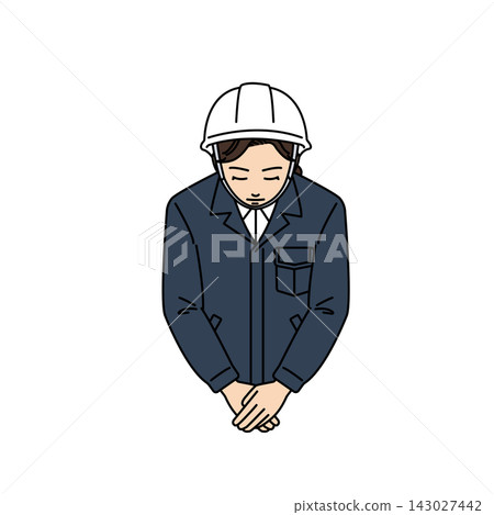 插圖描繪了一位戴著安全帽、身穿海軍藍工作服的女老闆，她正在鞠躬並禮貌地道歉。 143027442