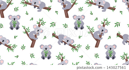 Seamless pattern Cute koala with eucalyptus branches, on a tree in different poses and expressions. Vector illustration, cartoon background, wallpaper. 143027561