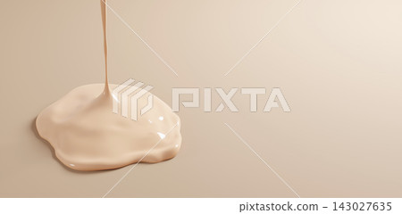Cosmetic liquid makeup foundation cream pouring on beige background with copy space 3D render Cosmetic liquid makeup foundation cream pouring on beige background with copy space 3D render 143027635