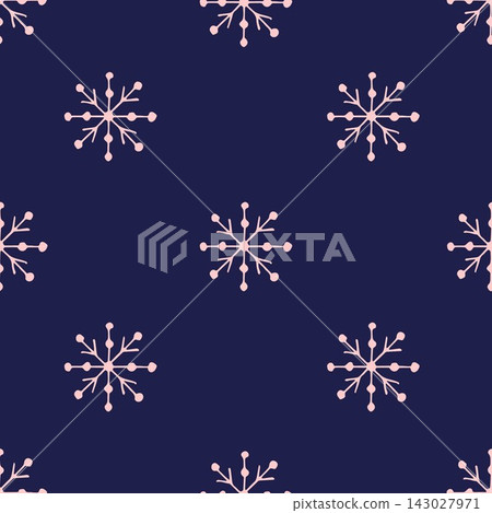 Simple vector seamless pattern for New Year's design. Light pink snowflakes on a dark blue background. Christmas packaging, textile products. 143027971