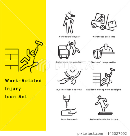 一組與工業事故和工傷相關的線條藝術圖示。 一組與工業事故和工傷相關的線條藝術圖示。 143027992