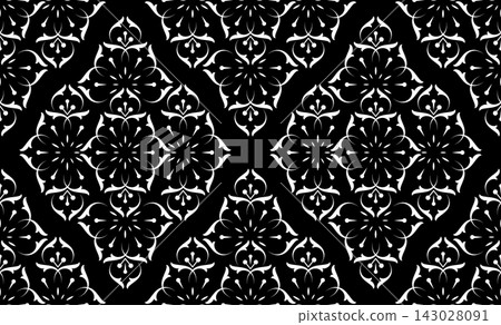 Flower geometric pattern. Seamless vector background. White and black ornament. Flower geometric pattern. Seamless vector background. White and black ornament. 143028091