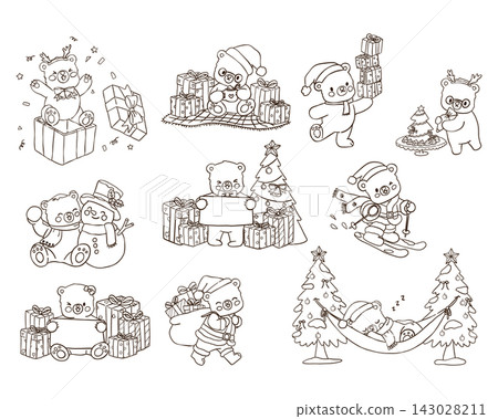 Cute Cartoon Christmas bear outline doodle set featuring gifts, Santa hats, tree, snowman, skiing, baking, delivery, blank sign, and hammock scenes in a playful festive collection Cute Cartoon Christmas bear outline doodle set featuring gifts, Santa hats, tree, snowman, skiing, baking, delivery, blank sign, and hammock scenes in a playful festive collection 143028211