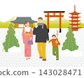 An illustration of a family visiting a shrine for the first time of the New Year. 143028471