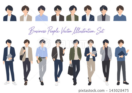 一組八位男性辦公室工作人員的向量插圖，包括上半身和全身像。 143028475