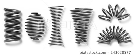 3d black coil springs set - helical compression, barrel, hourglass, conical and arc shapes for vehicle suspension of steel alloy. Industrial shock absorber, flexible spiral metal wire. 3D illustration 3d black coil springs set - helical compression, barrel, hourglass, conical and arc shapes for vehicle suspension of steel alloy. Industrial shock absorber, flexible spiral metal wire. 3D illustration 143028577