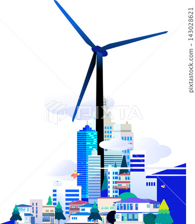 描繪風力發電和城市景觀的插圖素材,代表再生能源和智慧城市。 描繪風力發電和城市景觀的插圖素材,代表再生能源和智慧城市。 143028621