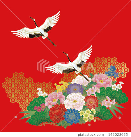 日本傳統花卉和丹頂鶴。向量背景插圖。 日本傳統花卉和丹頂鶴。向量背景插圖。 143028655