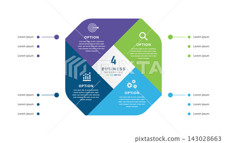 Diamond shaped business infographic with four colorful option segments featuring target magnifying glass bar chart and gear icons for corporate planning and presentation templates Diamond shaped business infographic with four colorful option segments featuring target magnifying glass bar chart and gear icons for corporate planning and presentation templates 143028663