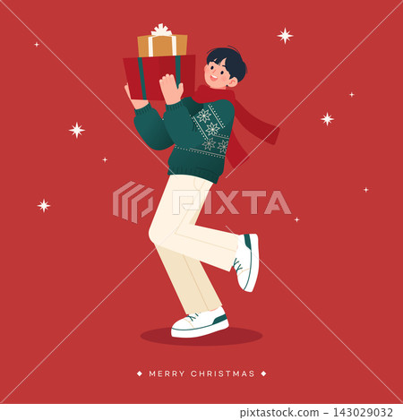 Happy young man carrying stacked christmas gift boxes and walking cheerfully Happy young man carrying stacked christmas gift boxes and walking cheerfully 143029032