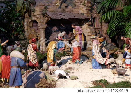 Nativity scene, creche, or crib, birth of Jesus in Cathedral dedicated to Saint Giles in Graz, Styria, Austria Nativity scene, creche, or crib, birth of Jesus in Cathedral dedicated to Saint Giles in Graz, Styria, Austria 143029049