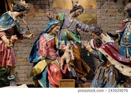Nativity scene, creche, or crib, birth of Jesus in Mariahilf church in Graz, Styria, Austria Nativity scene, creche, or crib, birth of Jesus in Mariahilf church in Graz, Styria, Austria 143029076