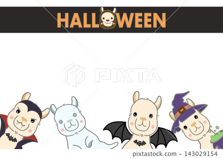 Cute Halloween Frame Background with Alpaca Illustration Cute Halloween Frame Background with Alpaca Illustration 143029154