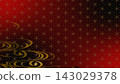 Japanese-style background in red and gold, featuring water patterns and hemp motifs. 143029378