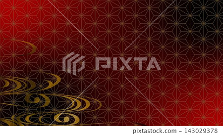 Japanese-style background in red and gold, featuring water patterns and hemp motifs. 143029378
