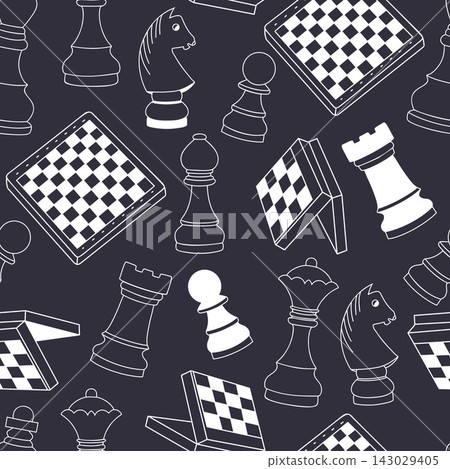Chess Board Pieces Seamless Doodle Pattern. White Line Figures King Queen Rook Bishop Knight Pawn Repeatable Texture on Black Background. Vector Illustration. Dark Strategy Game 143029405