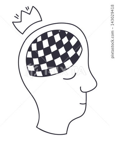 Human Head Profile with Chessboard Inside and Crown Above Doodle. Vector Illustration. Smart Strategy Thinking Mind Logic Concept. Hand Drawn. Line Art Symbol for Business Development of intelligence Human Head Profile with Chessboard Inside and Crown Above Doodle. Vector Illustration. Smart Strategy Thinking Mind Logic Concept. Hand Drawn. Line Art Symbol for Business Development of intelligence 143029418
