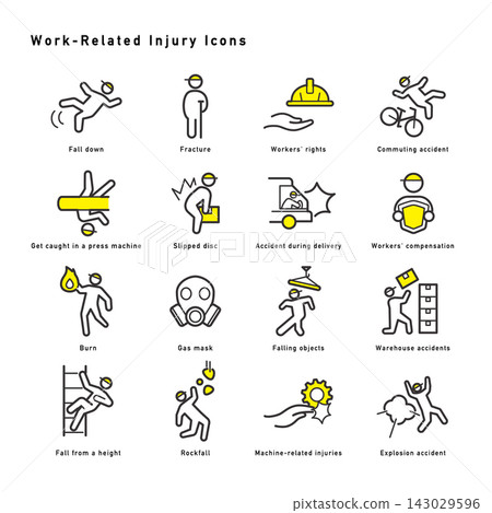 A set of color icons related to industrial accidents and injuries during work. A set of color icons related to industrial accidents and injuries during work. 143029596