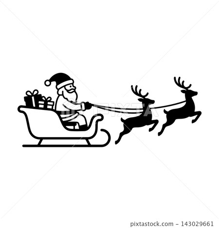 Minimalist silhouette graphic featuring a bearded man driving a reindeer drawn sleigh with gifts 143029661