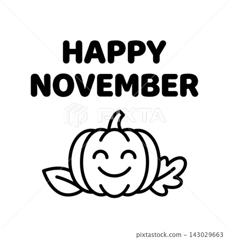 Happy november seasonal greeting card design featuring a cheerful smiling pumpkin line art 143029663
