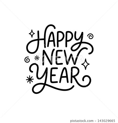 Minimalist happy new year hand lettering design with decorative swirls Minimalist happy new year hand lettering design with decorative swirls 143029665