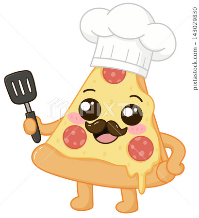 Cute pizza slice chef character with a mustache holding a spatula, kawaii food mascot illustration Cute pizza slice chef character with a mustache holding a spatula, kawaii food mascot illustration 143029830
