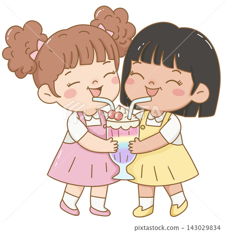 Two cute girls sharing a milkshake with straws, kawaii friendship illustration 143029834