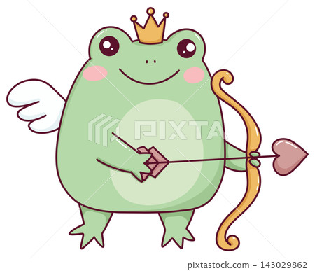 Cute frog prince cupid with a crown, wings and a heart arrow, kawaii valentine illustration 143029862