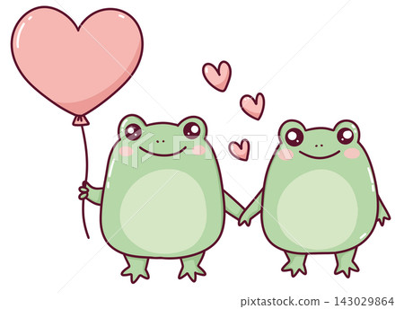 Two cute frogs holding hands with a heart balloon, kawaii frog couple illustration Two cute frogs holding hands with a heart balloon, kawaii frog couple illustration 143029864