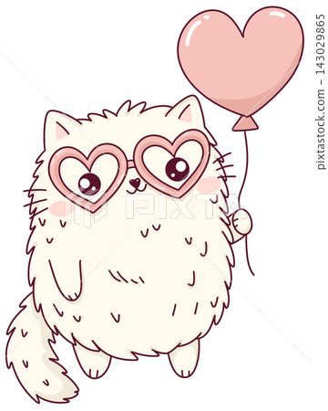 Cute fluffy white cat wearing heart glasses and holding a heart balloon, kawaii cat illustration Cute fluffy white cat wearing heart glasses and holding a heart balloon, kawaii cat illustration 143029865
